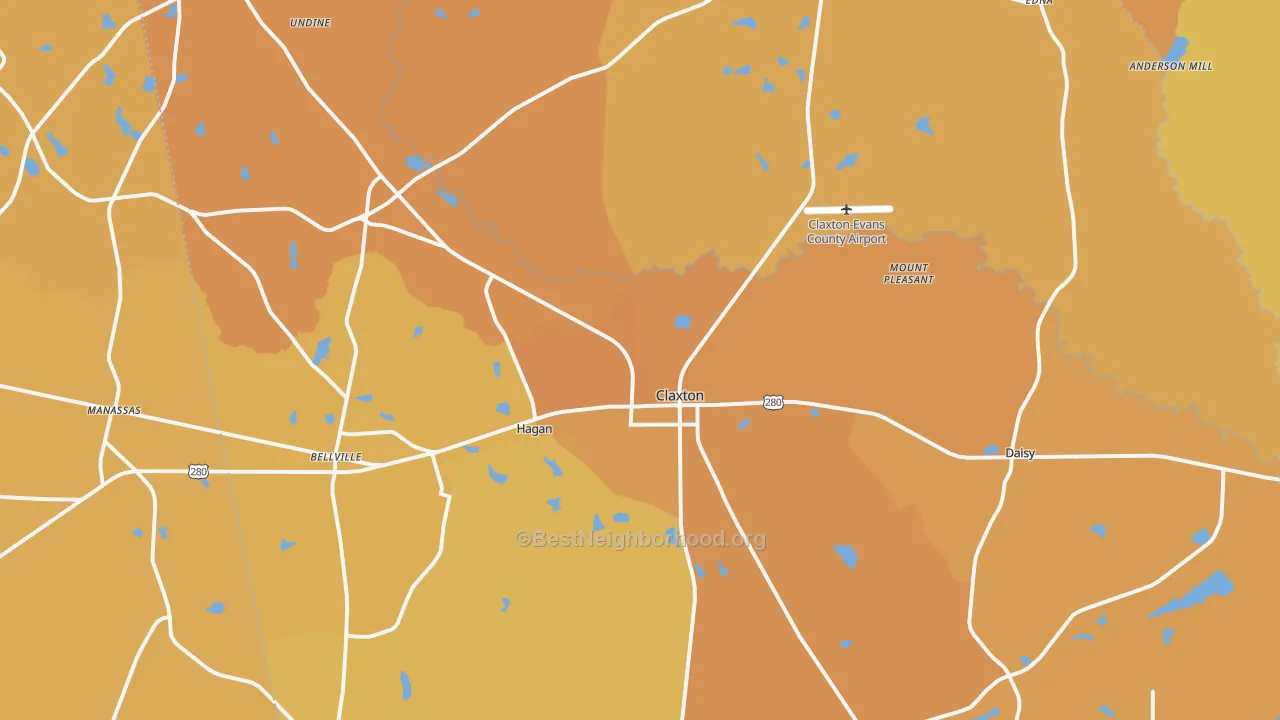 Map of the best neighborhoods in the 30417 area, with better matches in green and worse matches in red