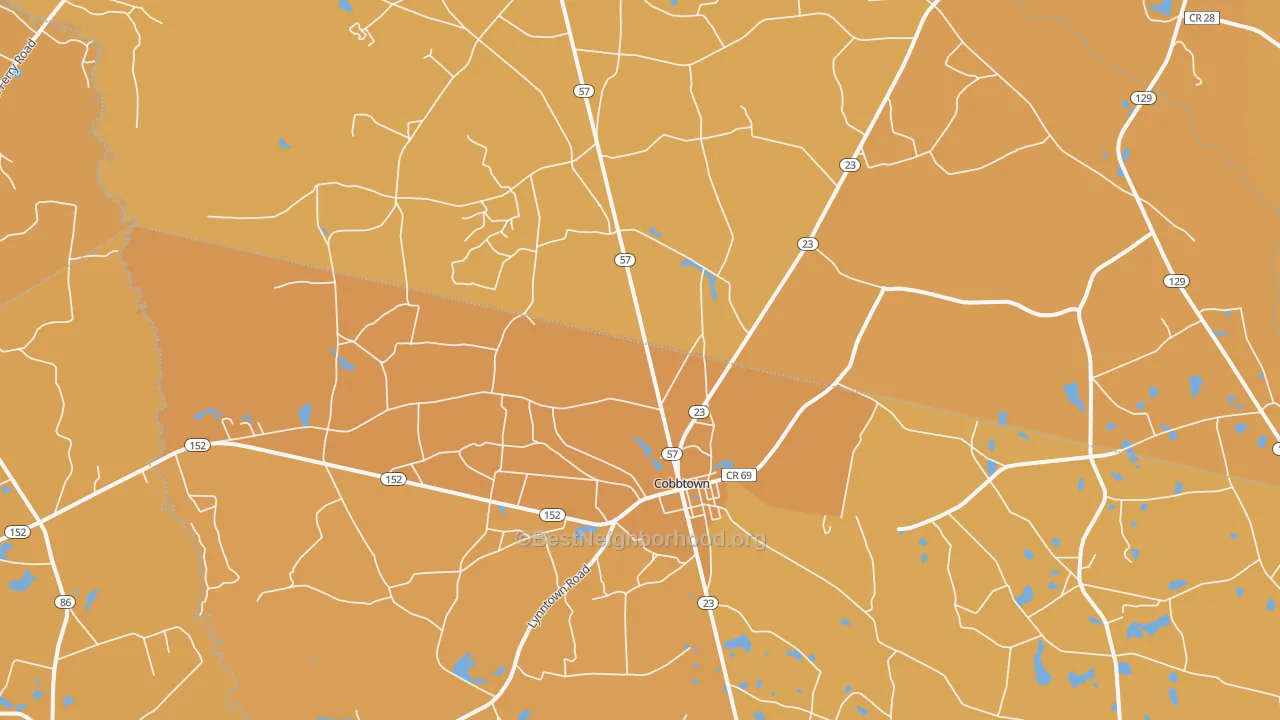 Map of the best neighborhoods in the 30420 area, with better matches in green and worse matches in red