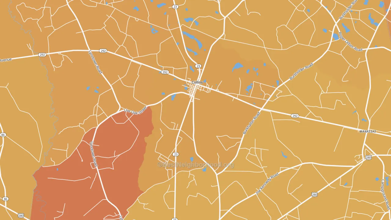 Map of the best neighborhoods in the 30421 area, with better matches in green and worse matches in red