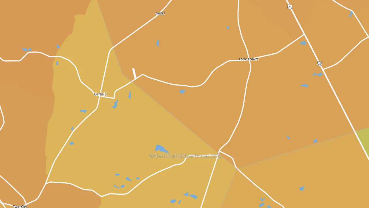 Map of the best neighborhoods in the 30425 area, with better matches in green and worse matches in red