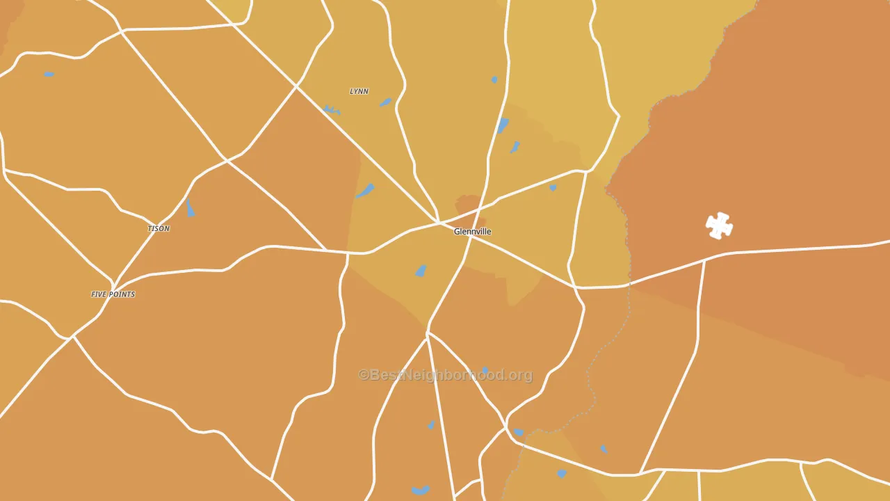 Map of the best neighborhoods in the 30427 area, with better matches in green and worse matches in red