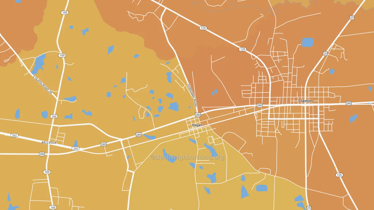 Map of the best neighborhoods in the 30429 area, with better matches in green and worse matches in red