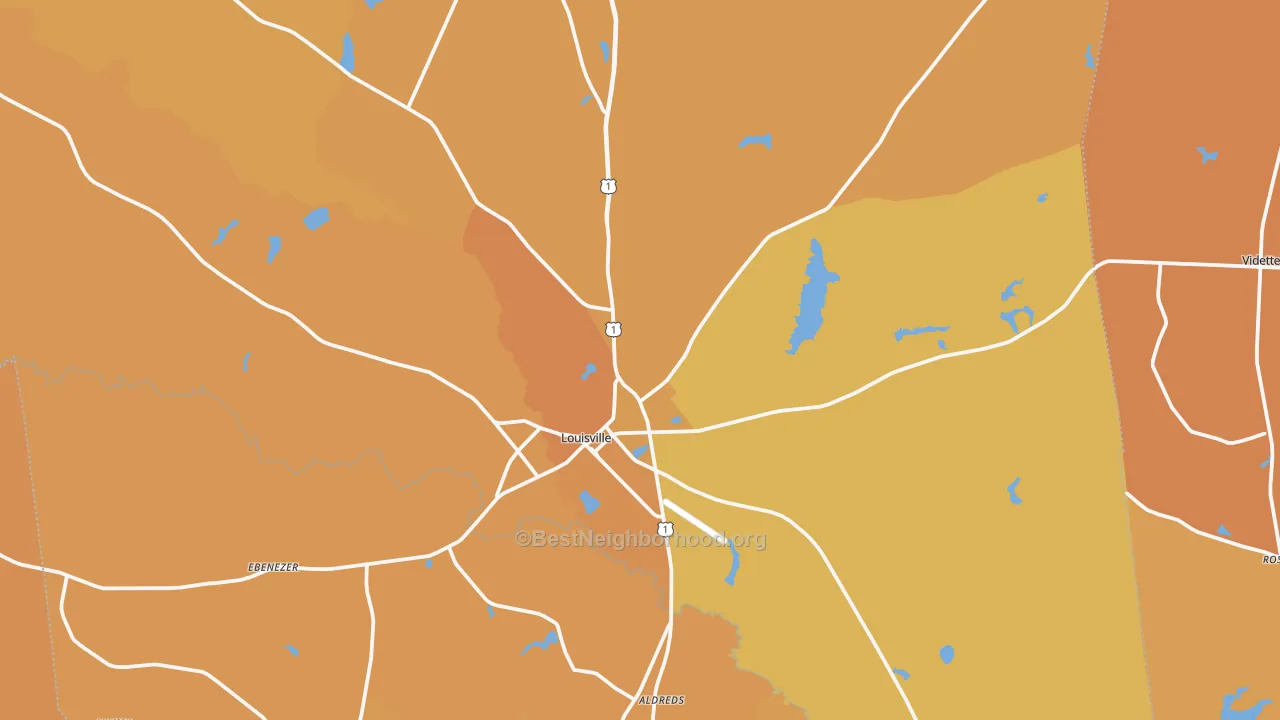 Map of the best neighborhoods in the 30434 area, with better matches in green and worse matches in red