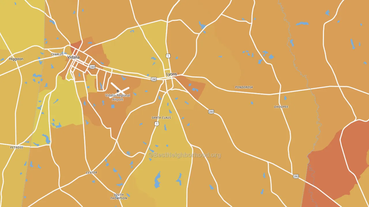 Map of the best neighborhoods in the 30436 area, with better matches in green and worse matches in red