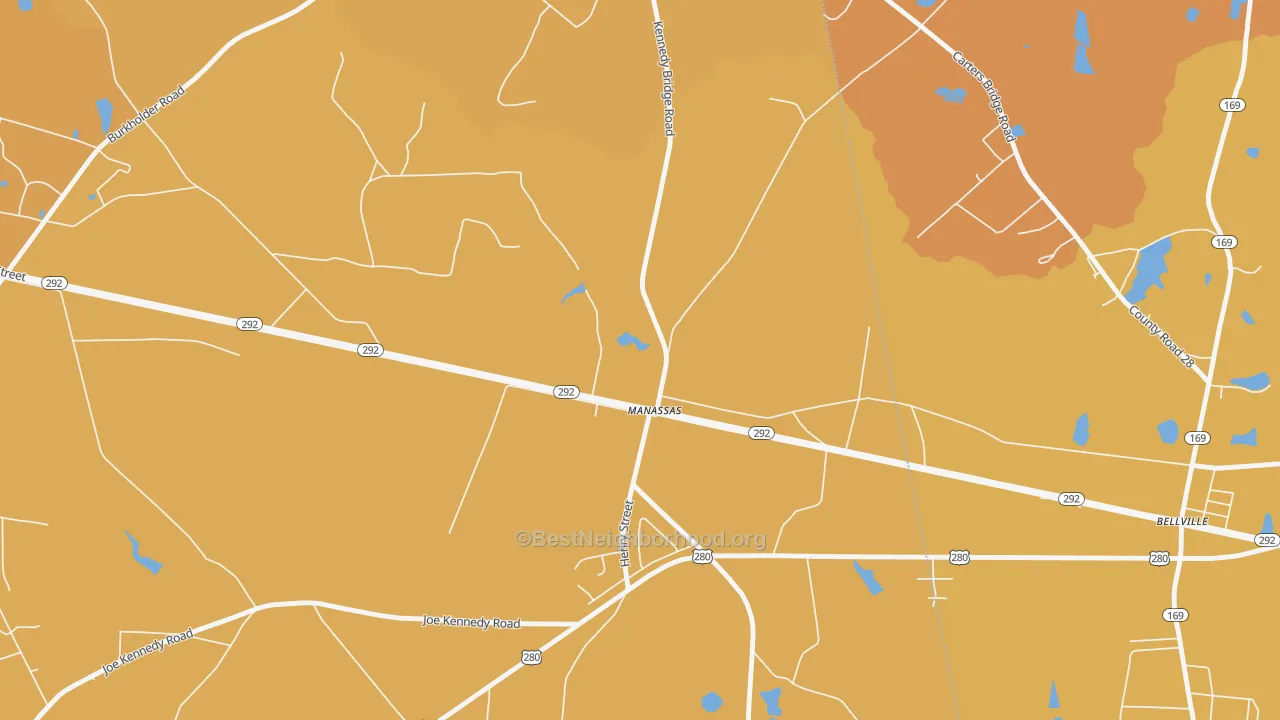 Map of the best neighborhoods in the 30438 area, with better matches in green and worse matches in red
