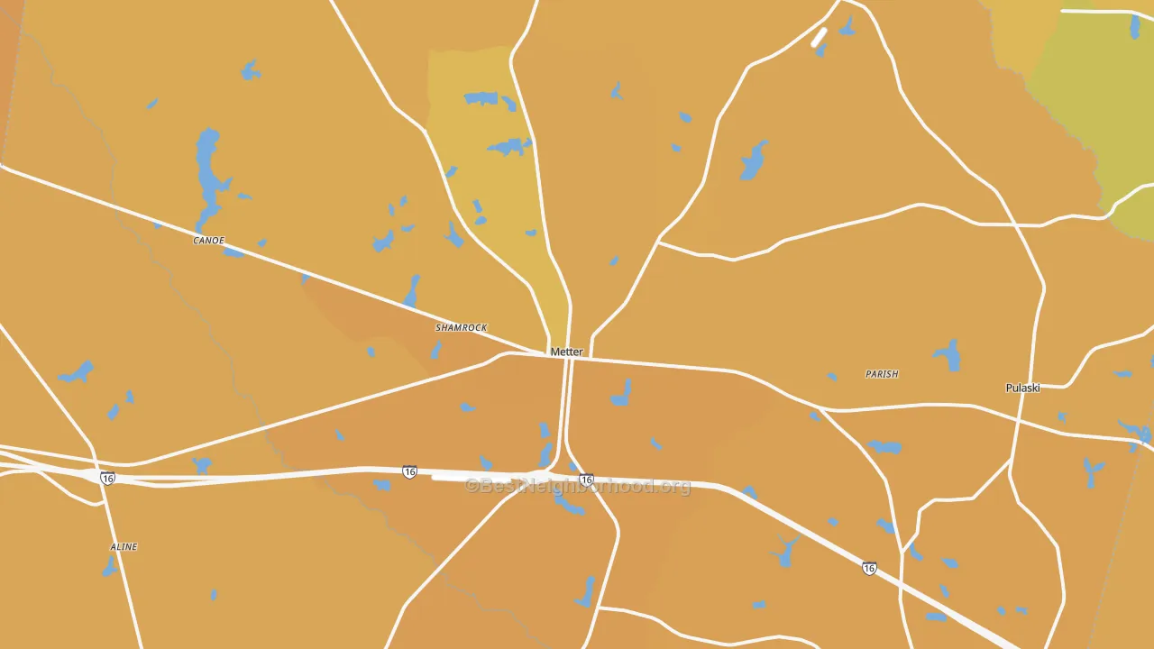 Map of the best neighborhoods in the 30439 area, with better matches in green and worse matches in red