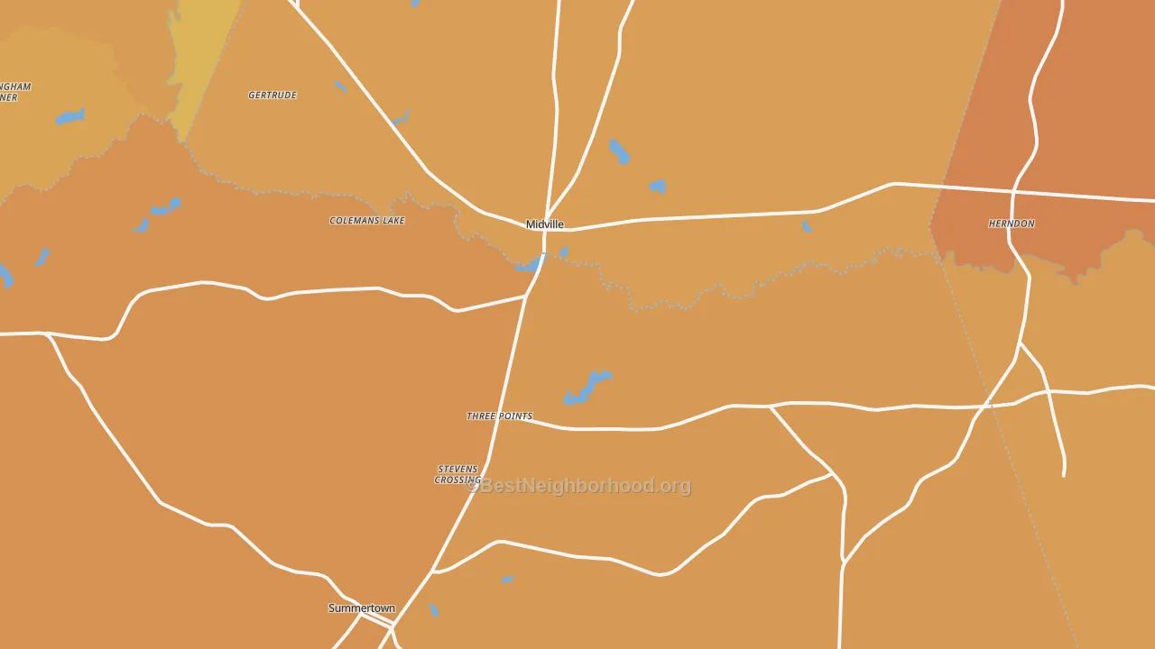 Map of the best neighborhoods in the 30441 area, with better matches in green and worse matches in red