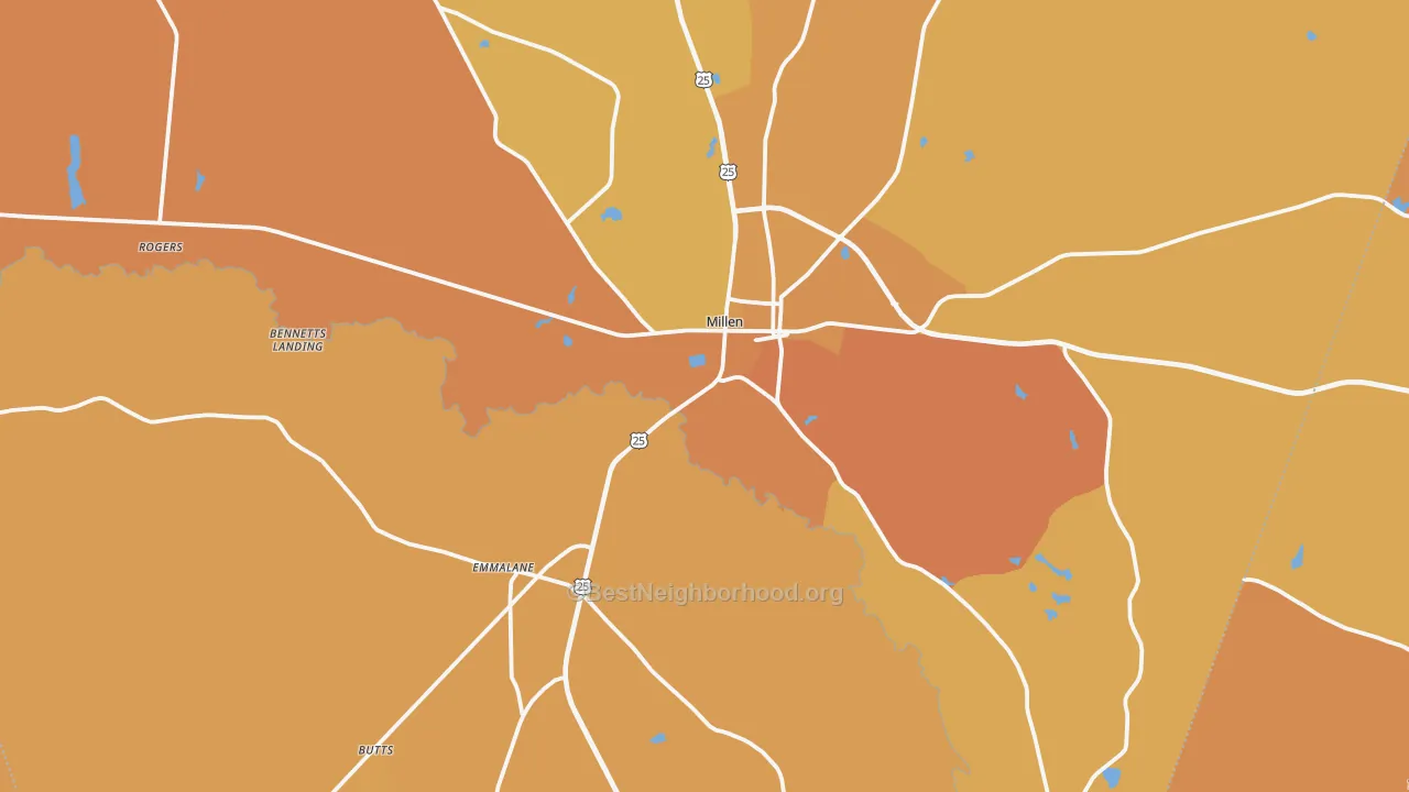 Map of the best neighborhoods in the 30442 area, with better matches in green and worse matches in red