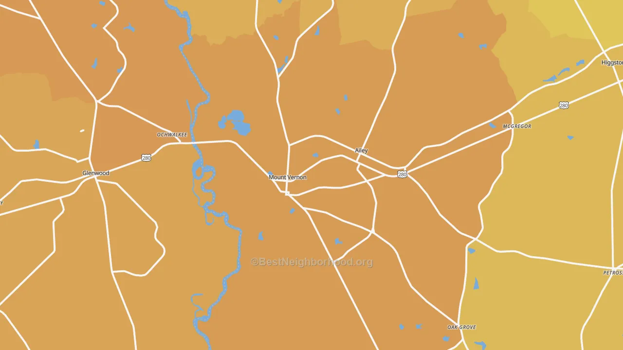 Map of the best neighborhoods in the 30445 area, with better matches in green and worse matches in red