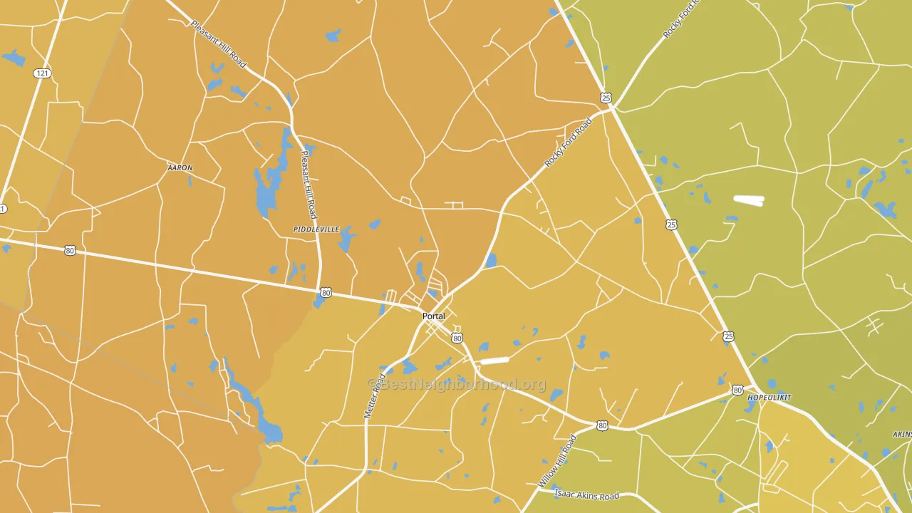 Map of the best neighborhoods in the 30450 area, with better matches in green and worse matches in red