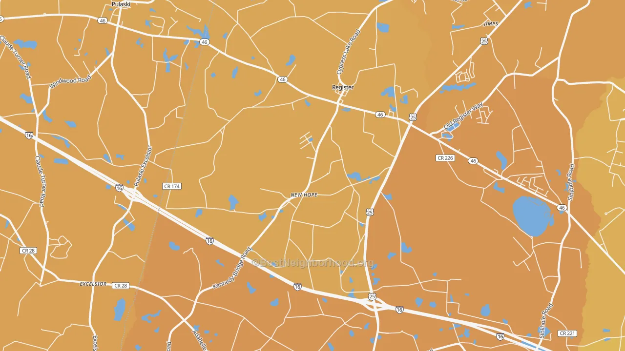 Map of the best neighborhoods in the 30452 area, with better matches in green and worse matches in red