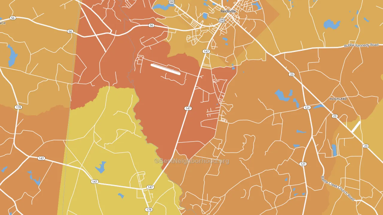 Map of the best neighborhoods in the 30453 area, with better matches in green and worse matches in red