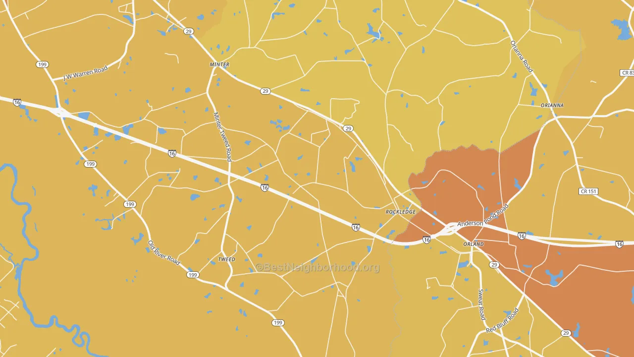 Map of the best neighborhoods in the 30454 area, with better matches in green and worse matches in red