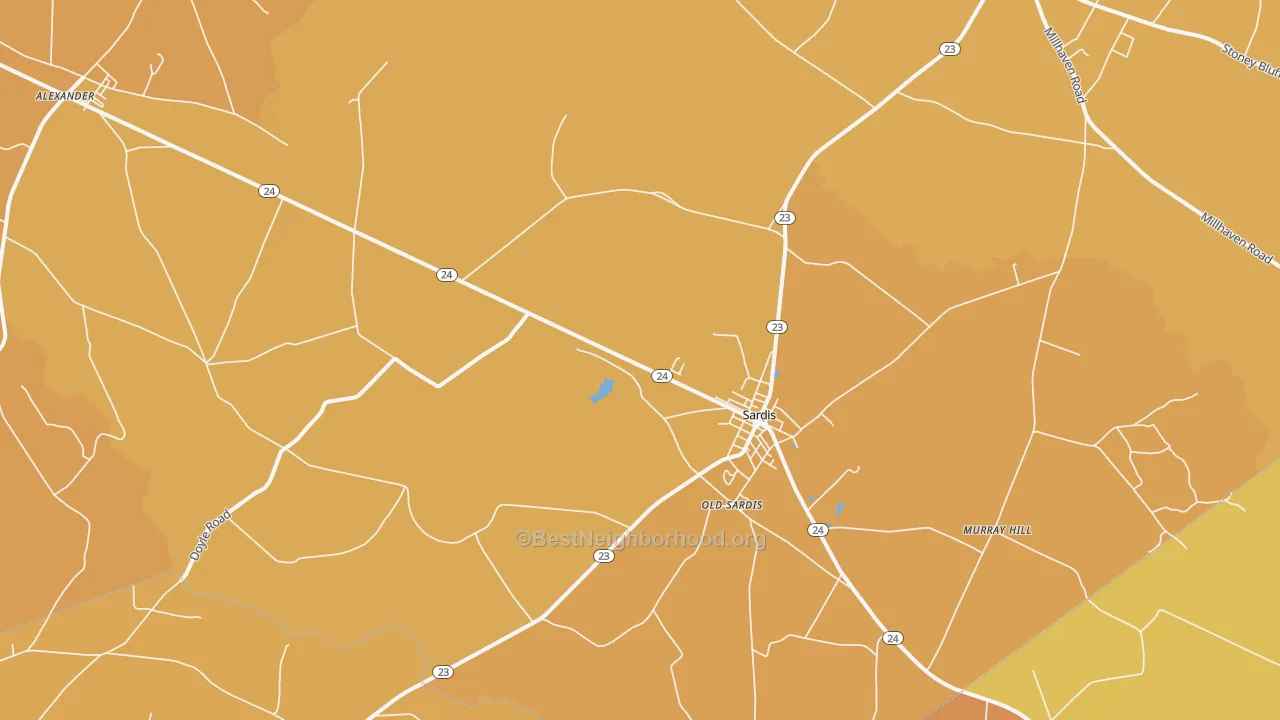 Map of the best neighborhoods in the 30456 area, with better matches in green and worse matches in red