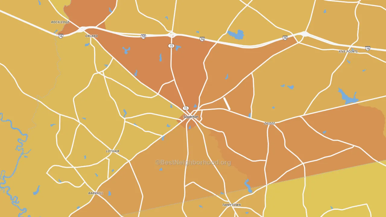Map of the best neighborhoods in the 30457 area, with better matches in green and worse matches in red