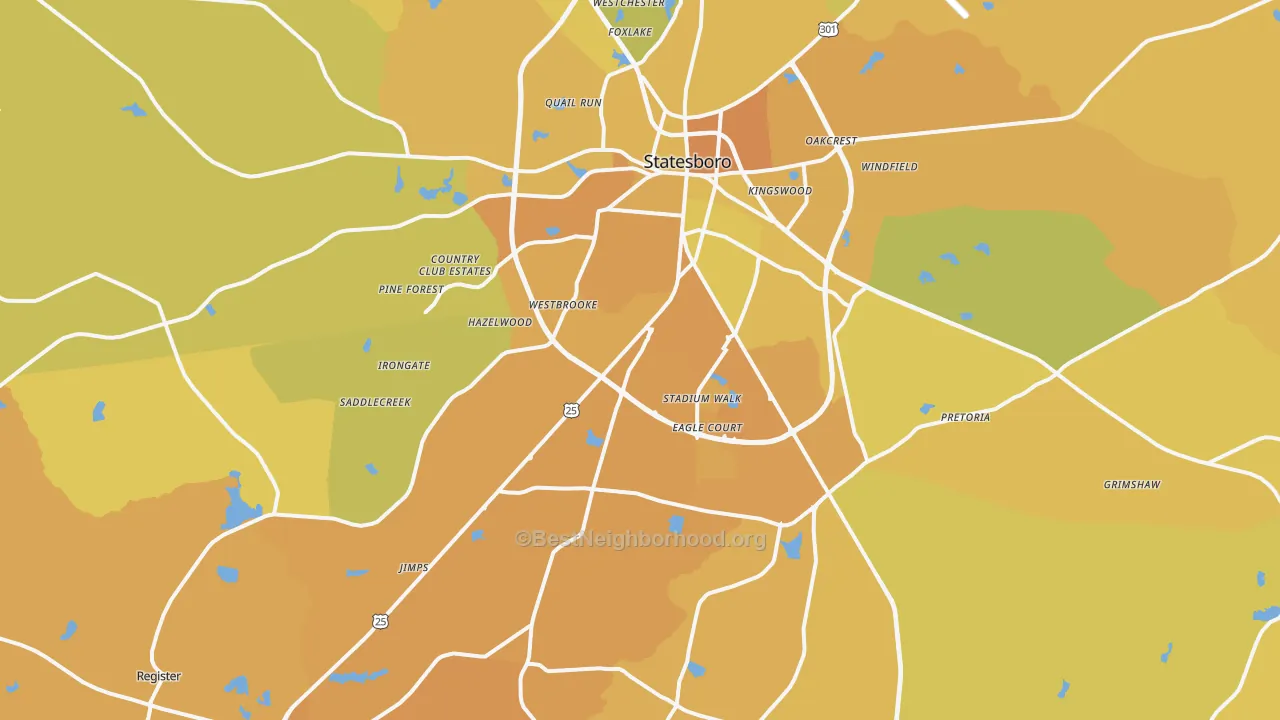 Map of the best neighborhoods in the 30458 area, with better matches in green and worse matches in red