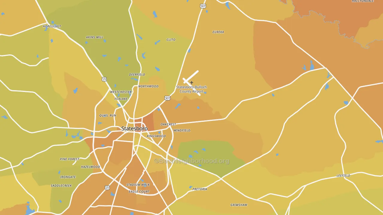 Map of the best neighborhoods in the 30461 area, with better matches in green and worse matches in red