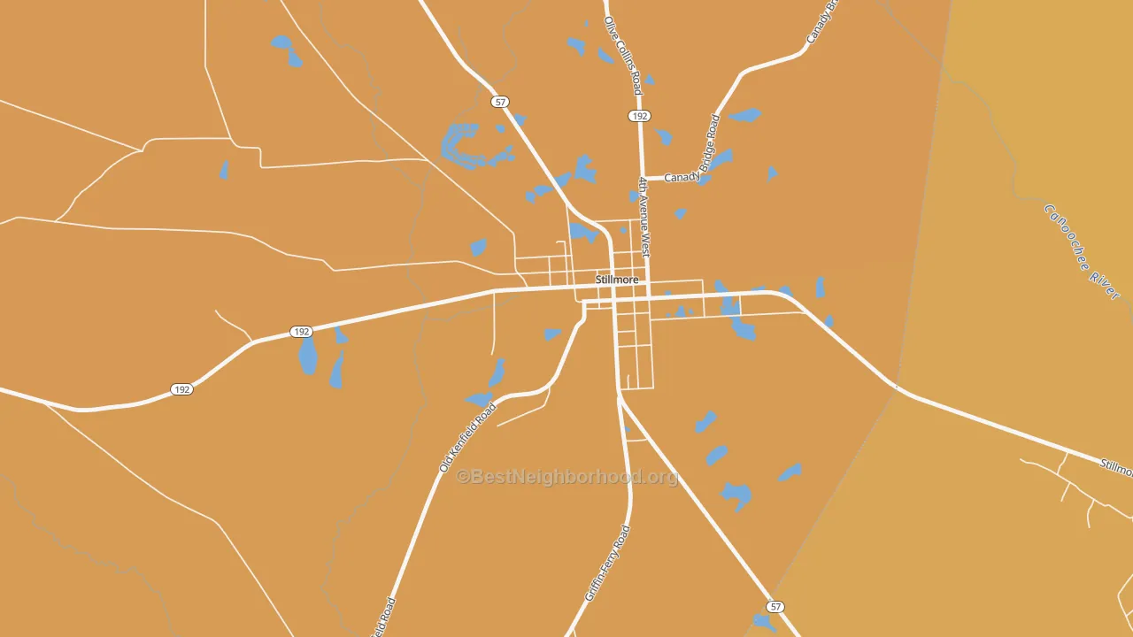 Map of the best neighborhoods in the 30464 area, with better matches in green and worse matches in red