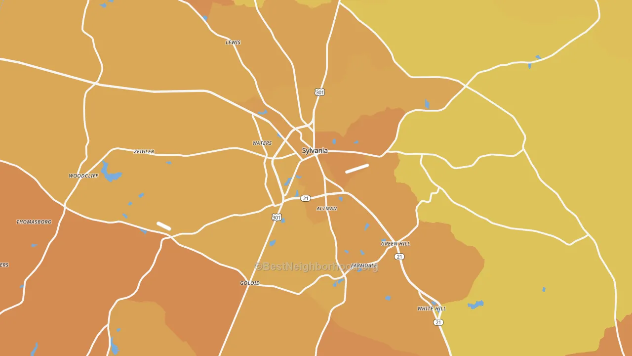 Map of the best neighborhoods in the 30467 area, with better matches in green and worse matches in red