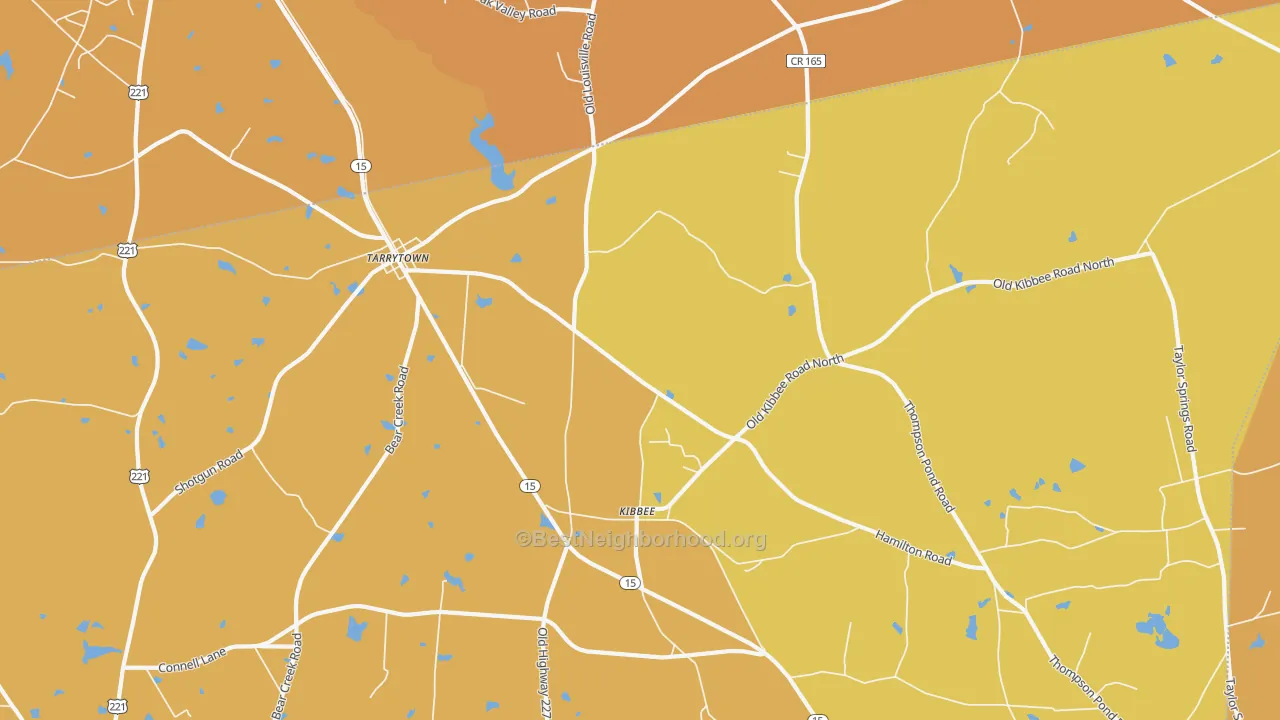 Map of the best neighborhoods in the 30470 area, with better matches in green and worse matches in red