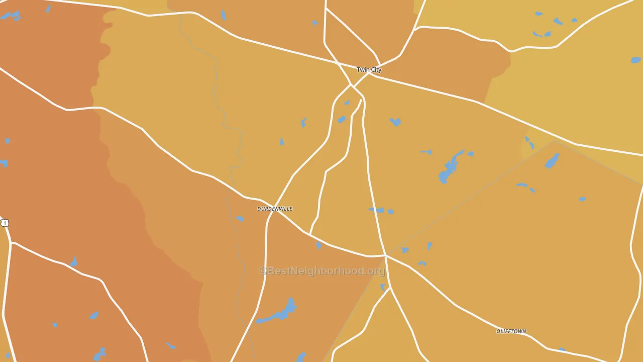 Map of the best neighborhoods in the 30471 area, with better matches in green and worse matches in red