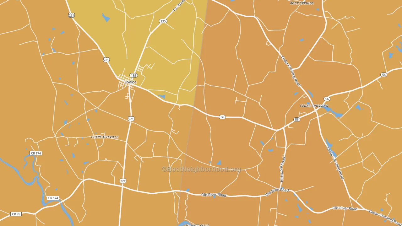 Map of the best neighborhoods in the 30473 area, with better matches in green and worse matches in red