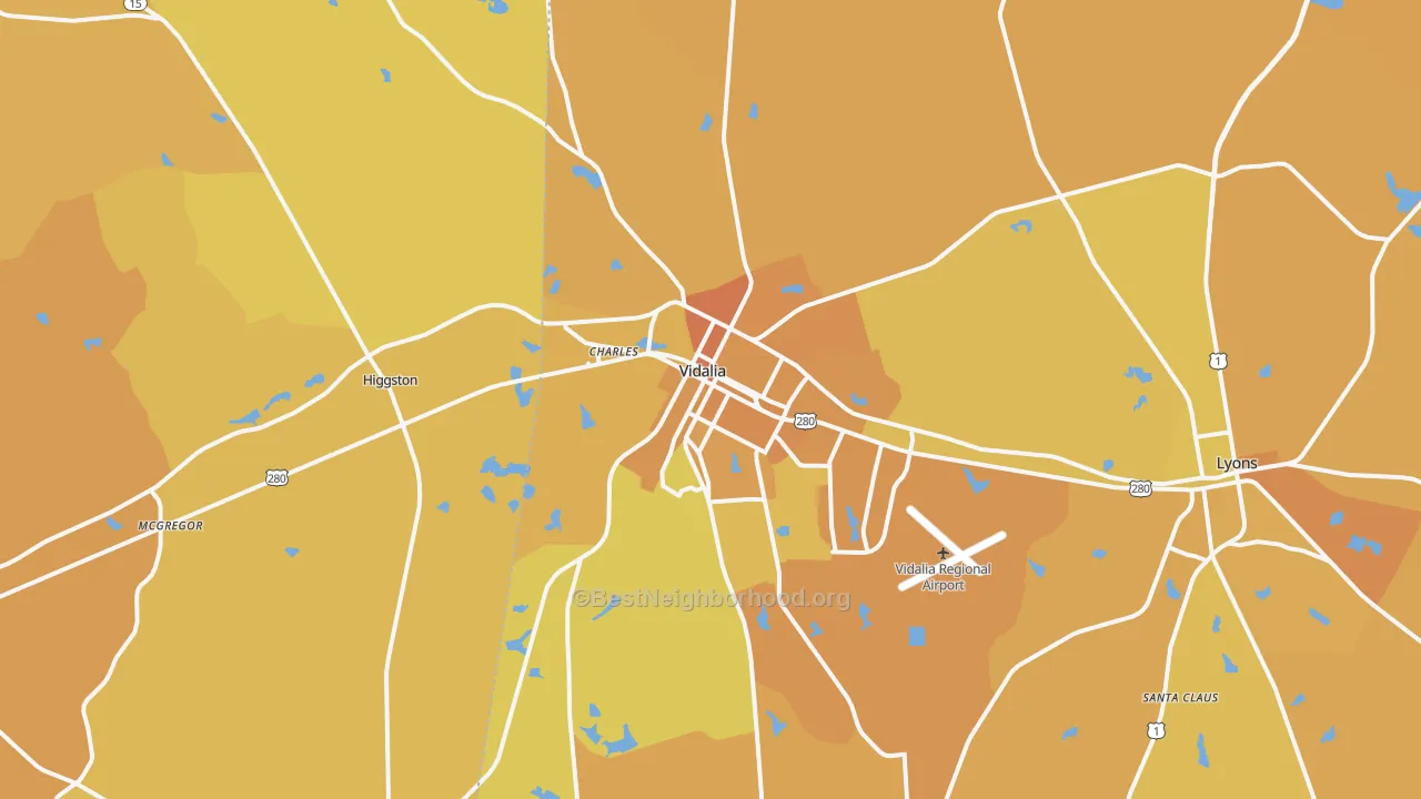 Map of the best neighborhoods in the 30474 area, with better matches in green and worse matches in red