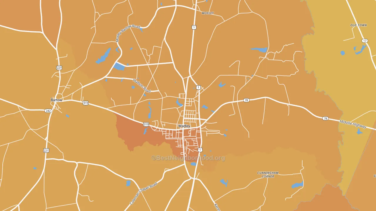 Map of the best neighborhoods in the 30477 area, with better matches in green and worse matches in red