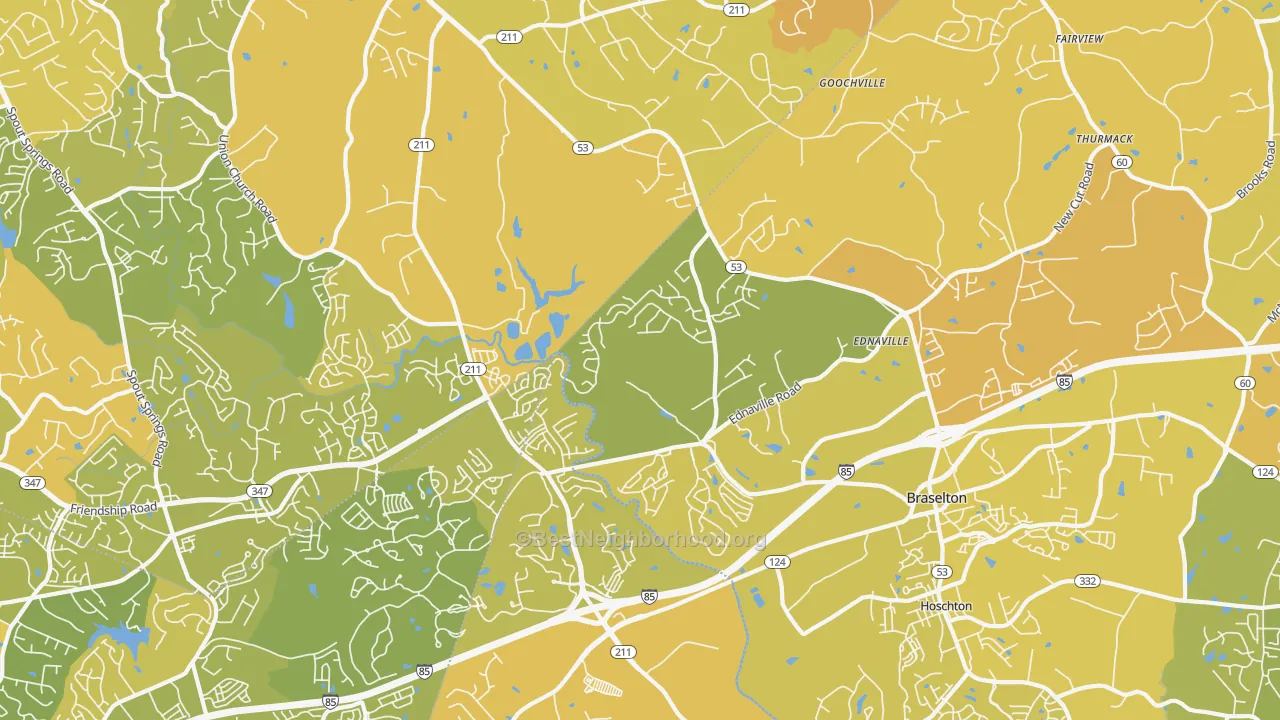 Map of the best neighborhoods in the 30517 area, with better matches in green and worse matches in red