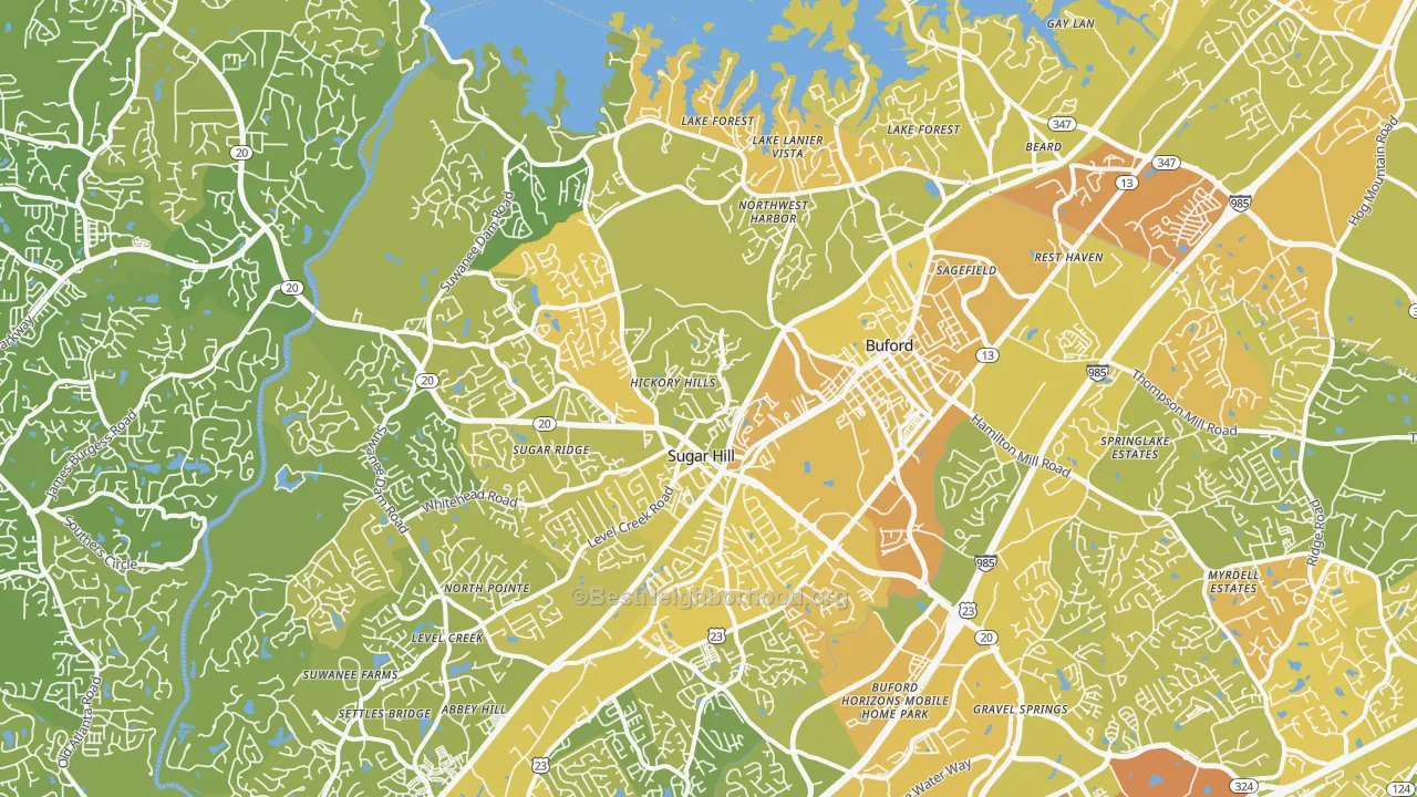 Map of the best neighborhoods in the 30518 area, with better matches in green and worse matches in red