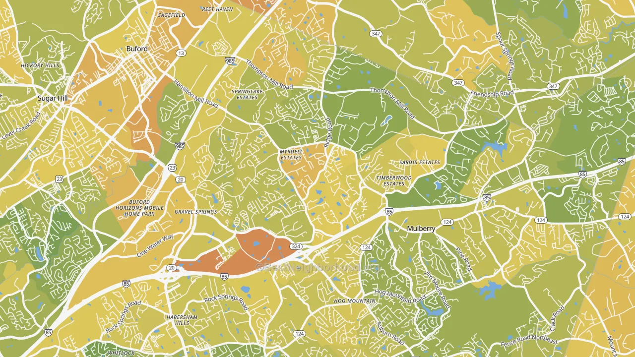 Map of the best neighborhoods in the 30519 area, with better matches in green and worse matches in red