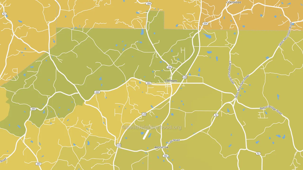 Map of the best neighborhoods in the 30527 area, with better matches in green and worse matches in red