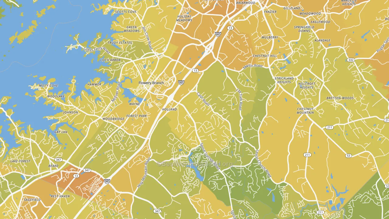 Map of the best neighborhoods in the 30542 area, with better matches in green and worse matches in red