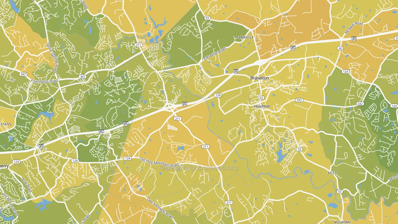 Map of the best neighborhoods in the 30548 area, with better matches in green and worse matches in red
