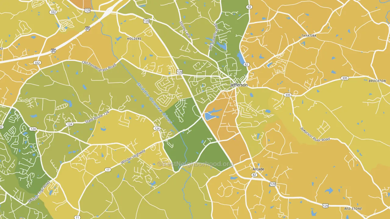 Map of the best neighborhoods in the 30549 area, with better matches in green and worse matches in red