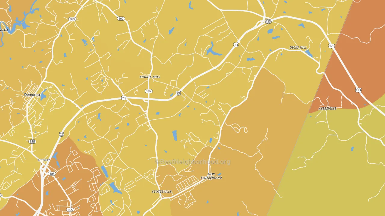 Map of the best neighborhoods in the 30563 area, with better matches in green and worse matches in red