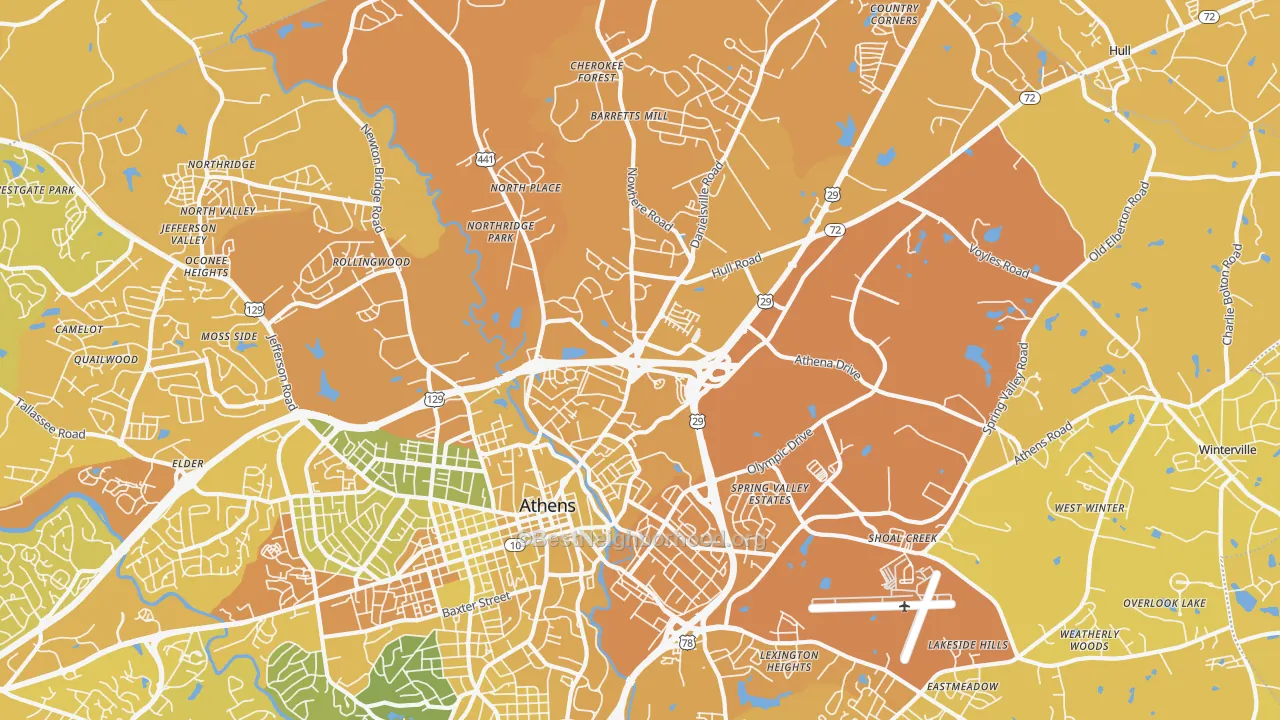 Map of the best neighborhoods in the 30601 area, with better matches in green and worse matches in red