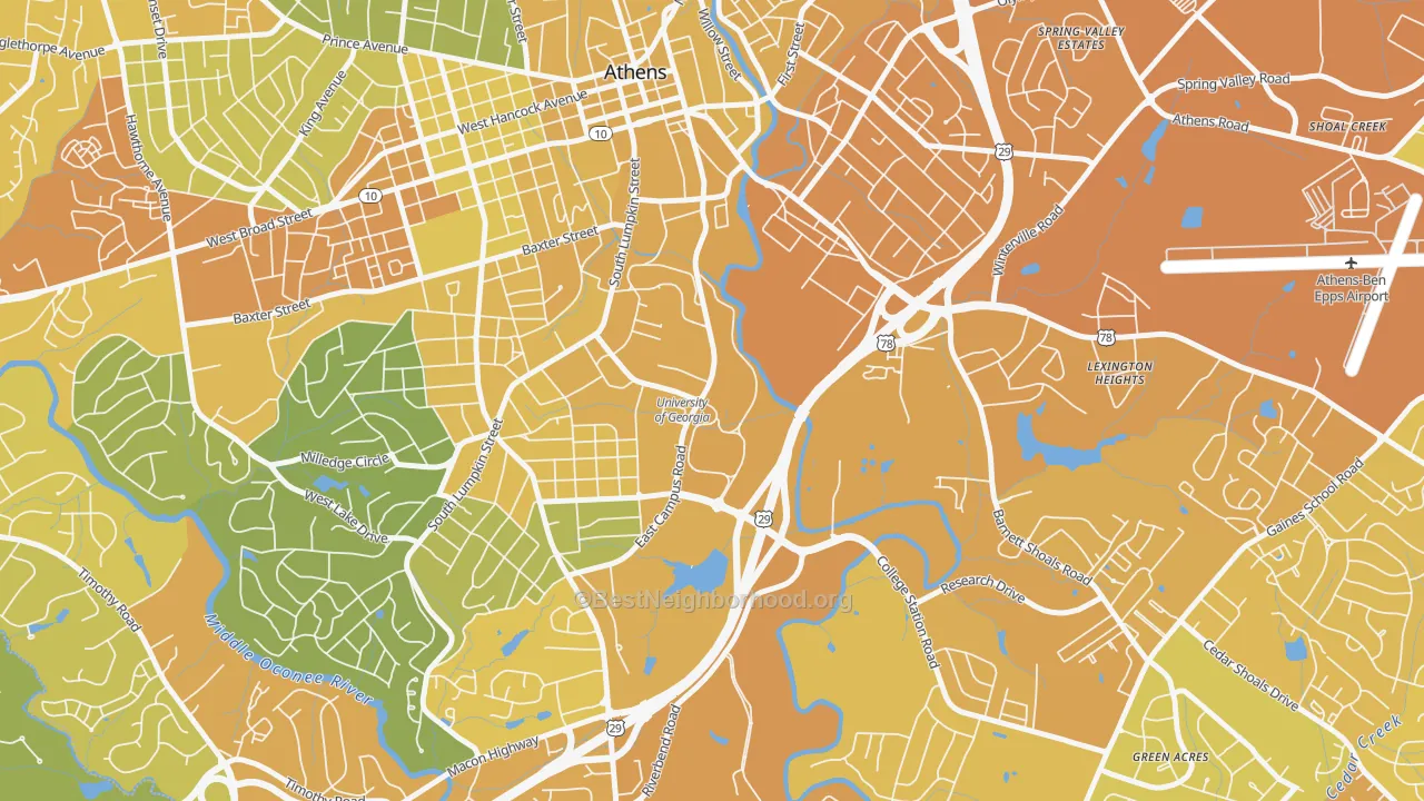 Map of the best neighborhoods in the 30602 area, with better matches in green and worse matches in red