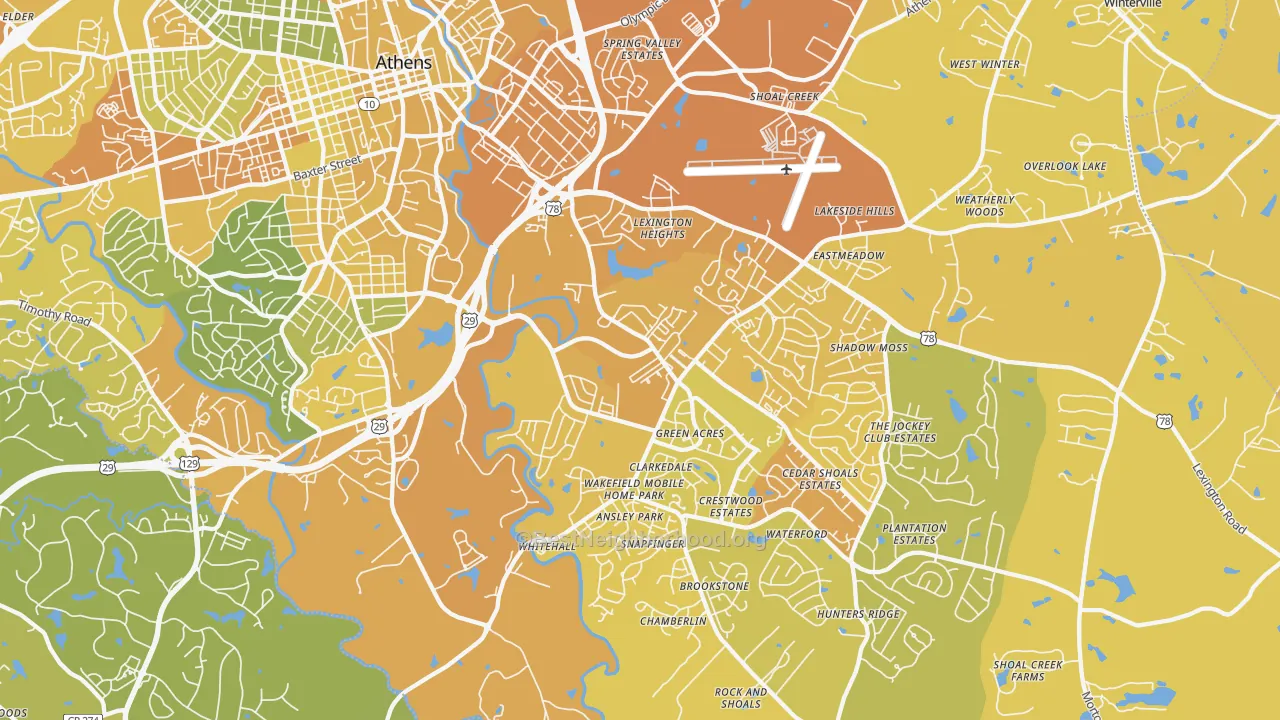 Map of the best neighborhoods in the 30605 area, with better matches in green and worse matches in red