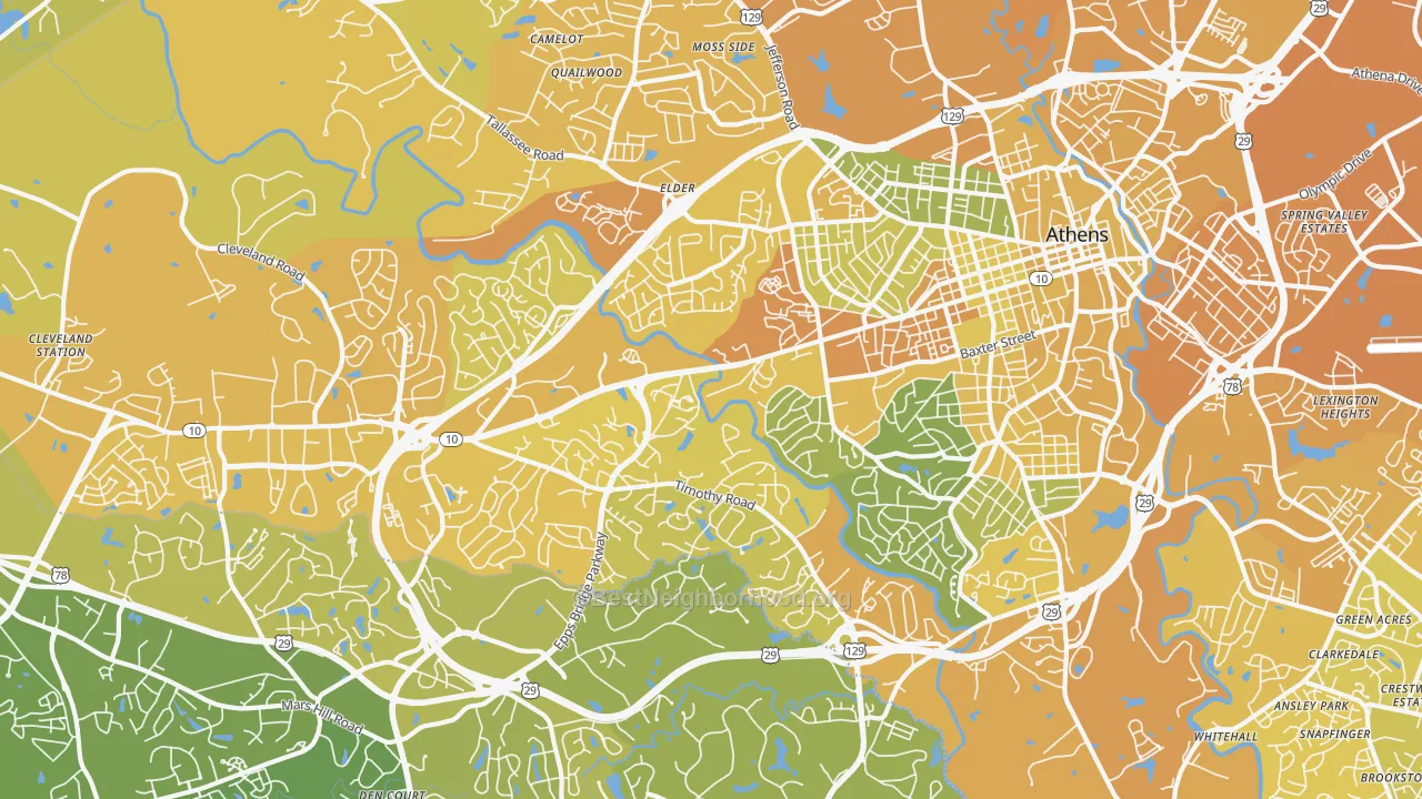 Map of the best neighborhoods in the 30606 area, with better matches in green and worse matches in red