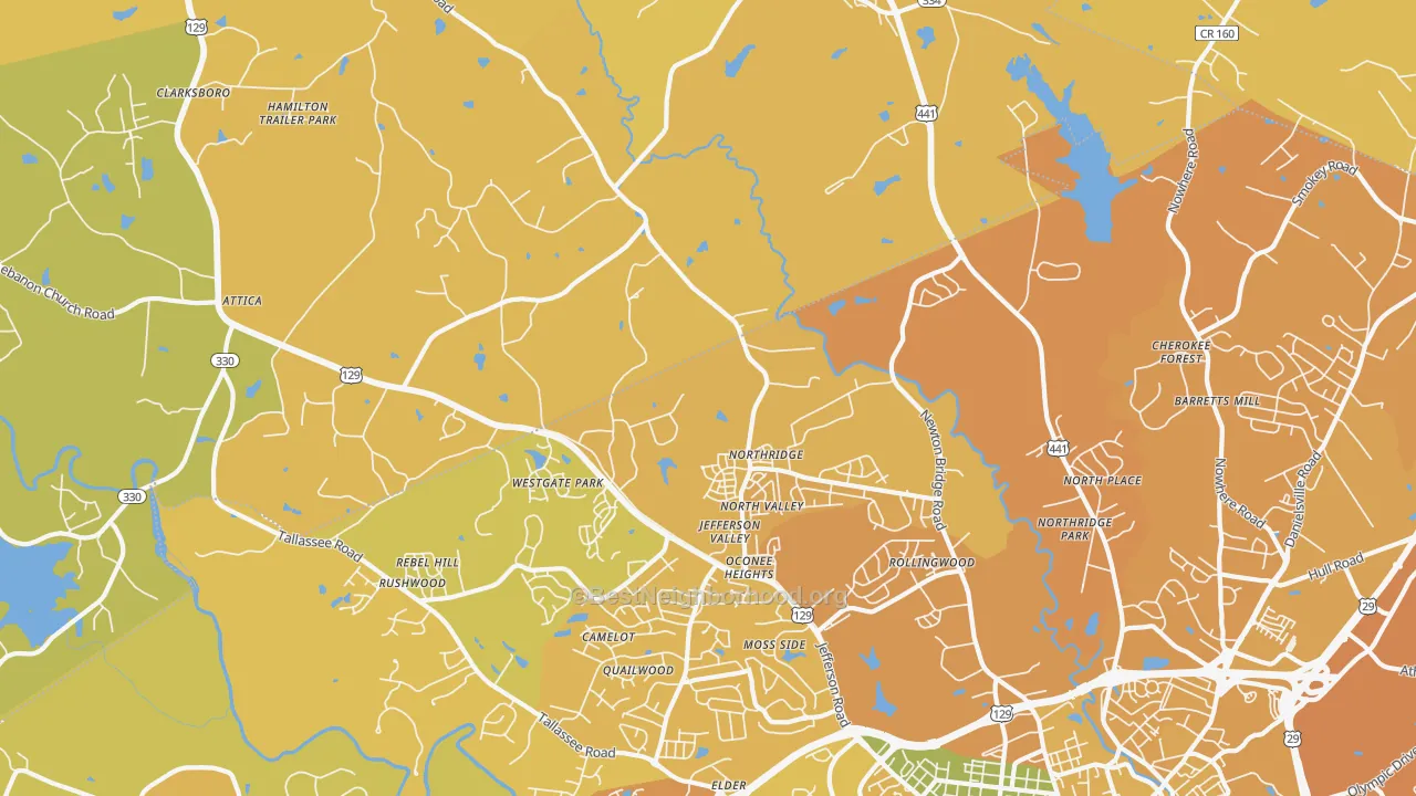 Map of the best neighborhoods in the 30607 area, with better matches in green and worse matches in red