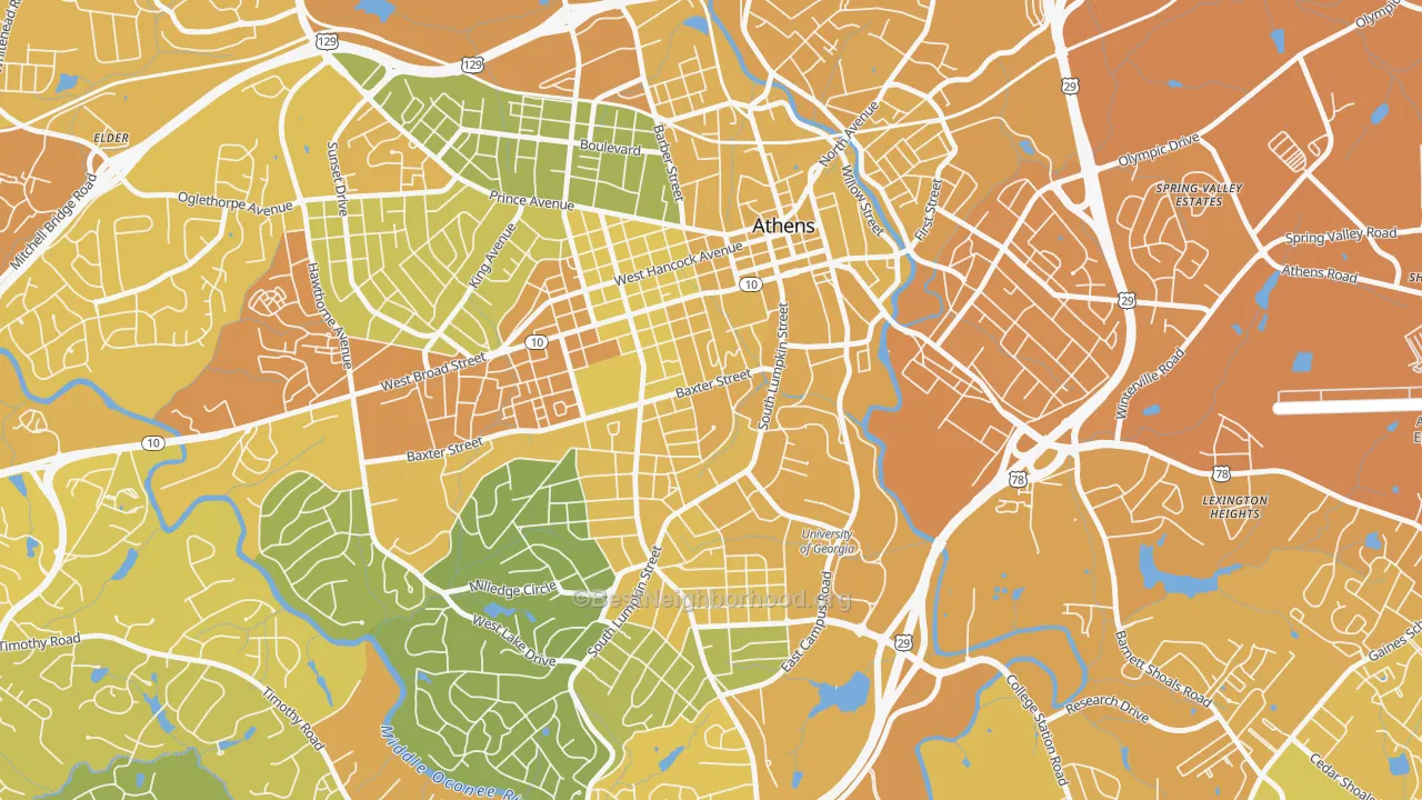 Map of the best neighborhoods in the 30609 area, with better matches in green and worse matches in red
