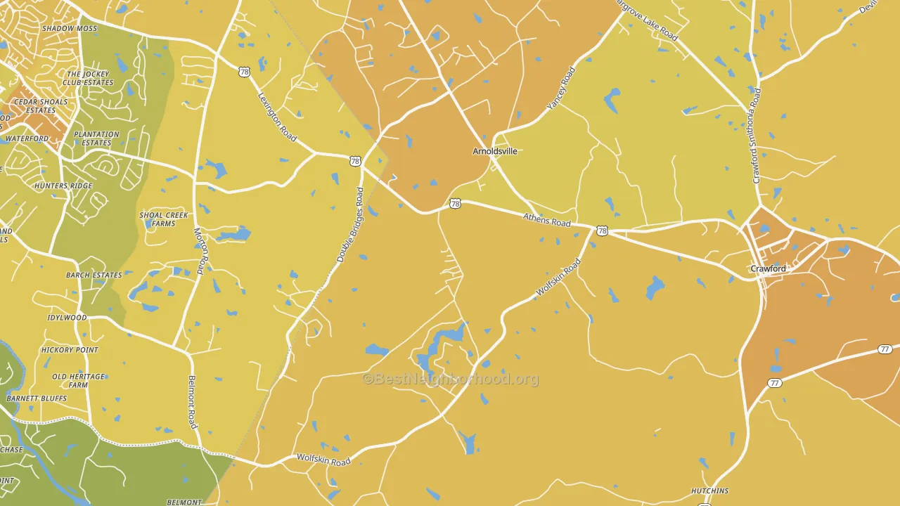 Map of the best neighborhoods in the 30619 area, with better matches in green and worse matches in red