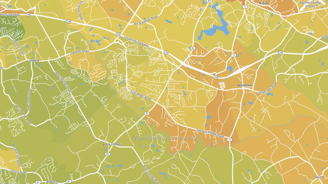 Map of the best neighborhoods in the 30620 area, with better matches in green and worse matches in red