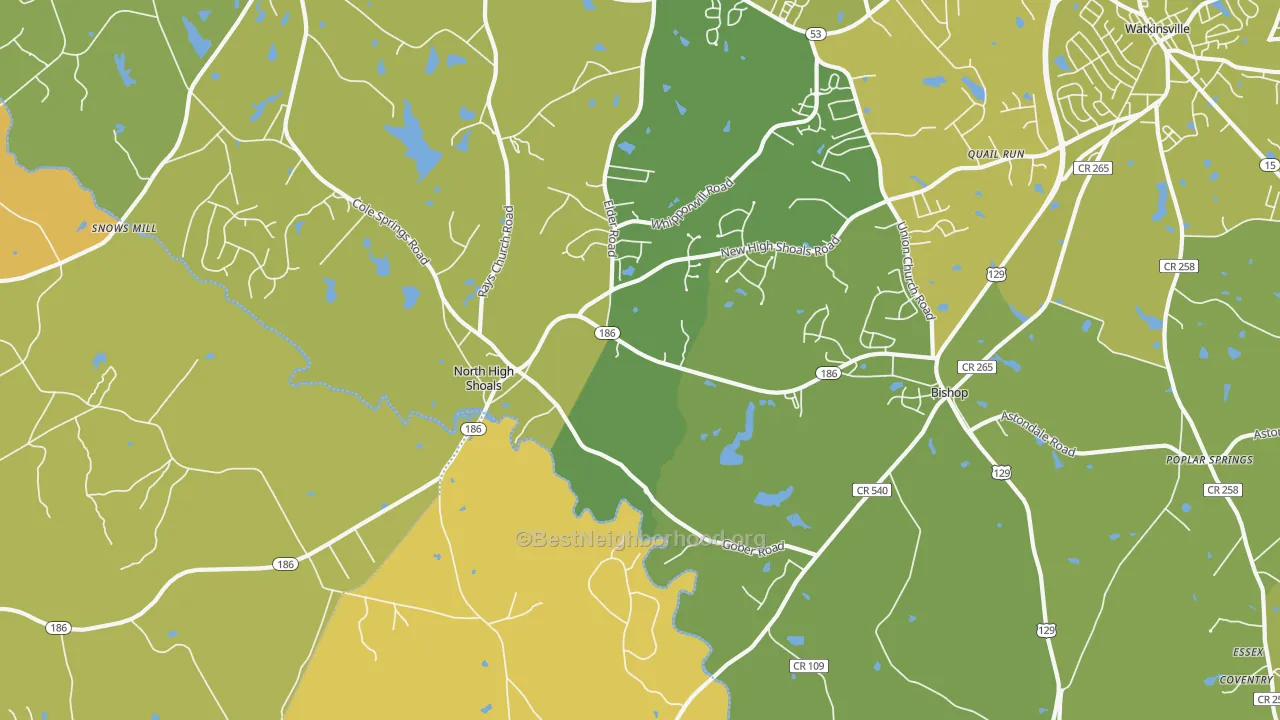 Map of the best neighborhoods in the 30621 area, with better matches in green and worse matches in red