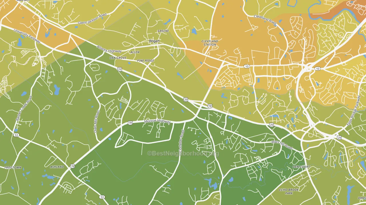 Map of the best neighborhoods in the 30622 area, with better matches in green and worse matches in red