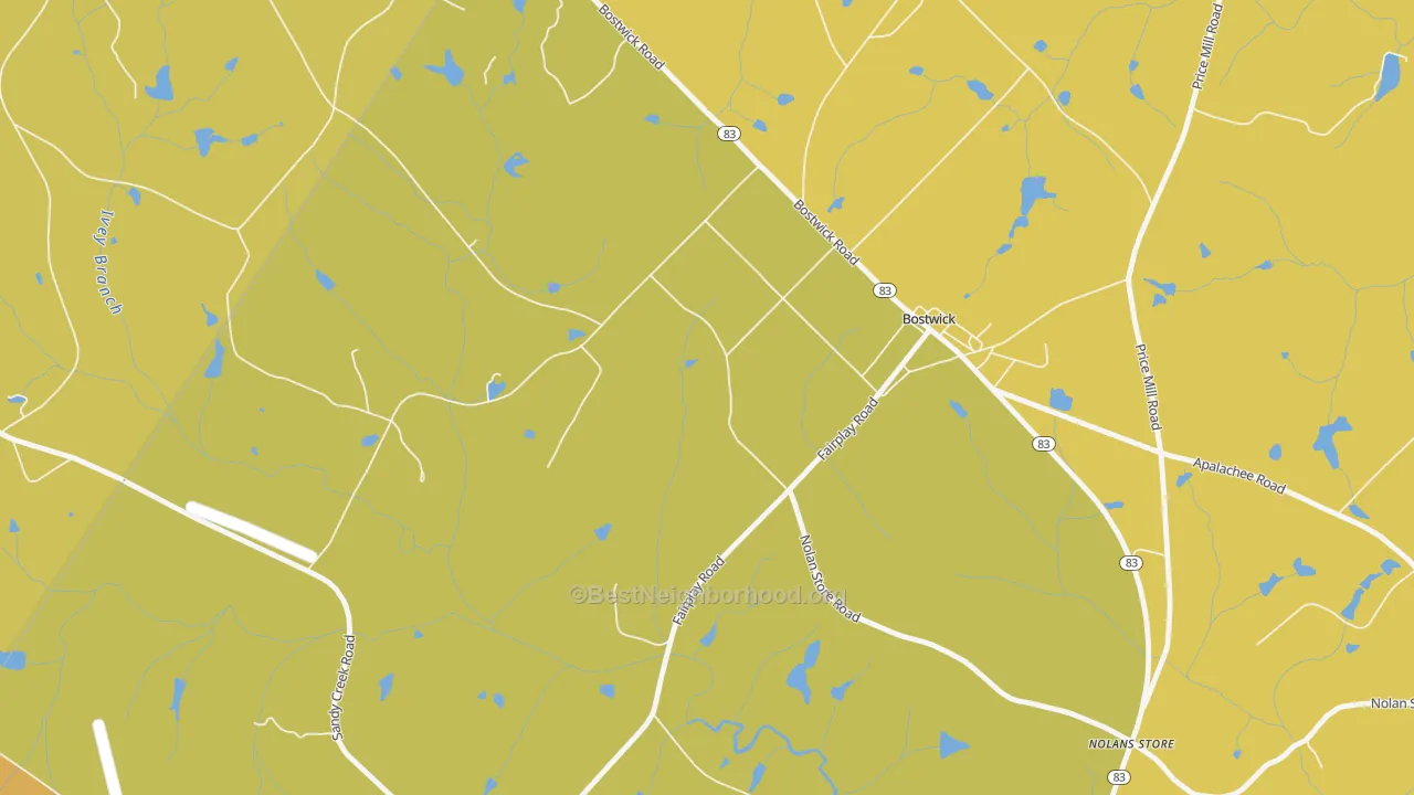 Map of the best neighborhoods in the 30623 area, with better matches in green and worse matches in red
