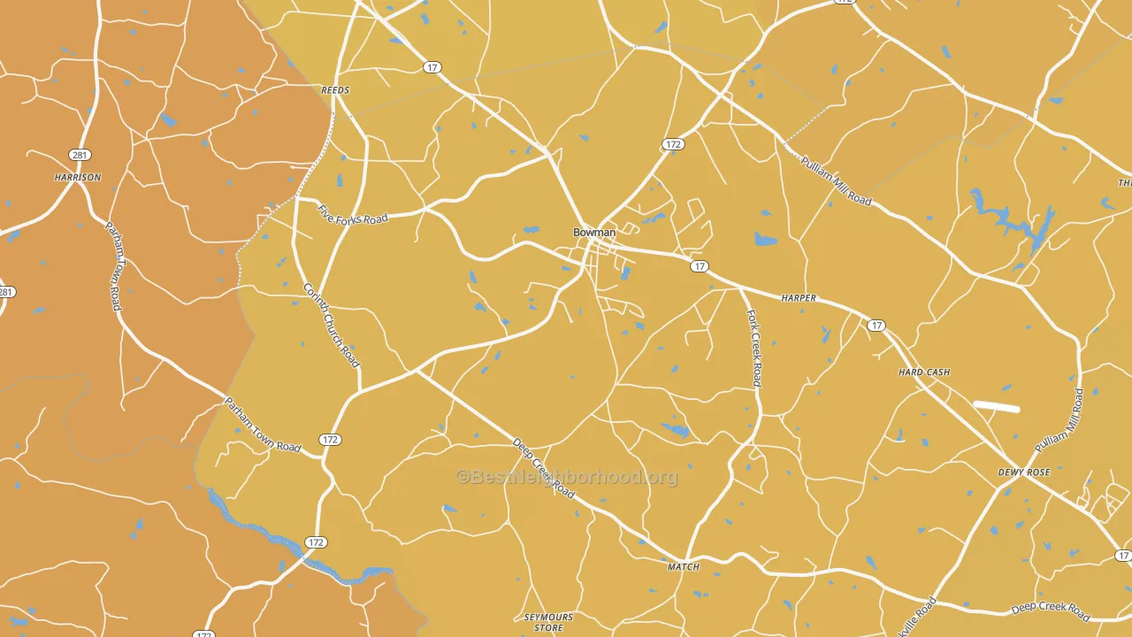 Map of the best neighborhoods in the 30624 area, with better matches in green and worse matches in red