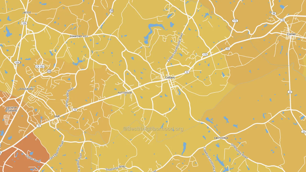 Map of the best neighborhoods in the 30628 area, with better matches in green and worse matches in red