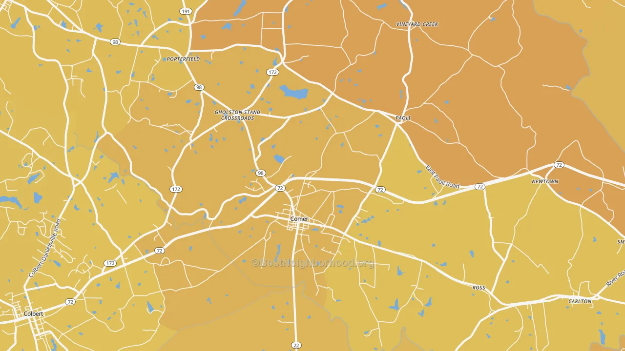 Map of the best neighborhoods in the 30629 area, with better matches in green and worse matches in red